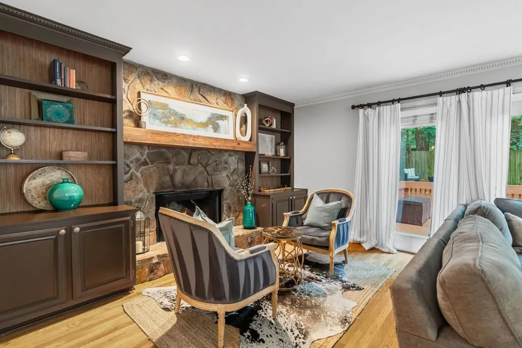 Fireside Family Room With Custom Bookshevles!