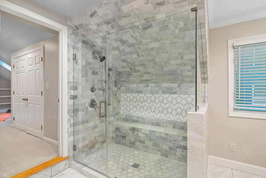 Marble Shower With Oversized Sitting Bench!