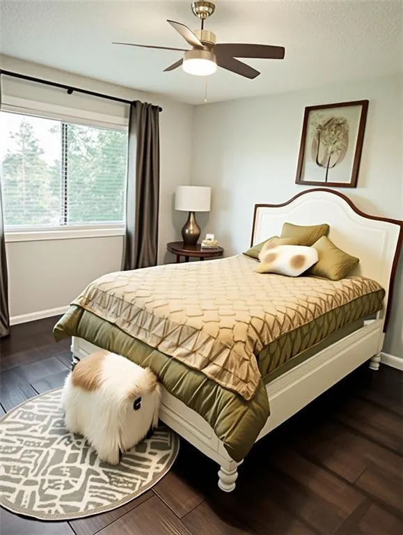 Bedroom with ceiling fan and dark wood-type flooring