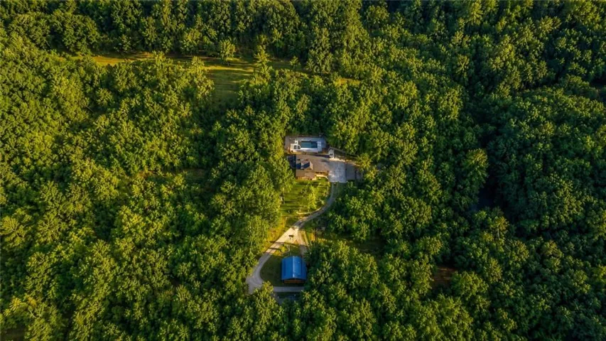 Expansive property surrounded by mature trees, featuring a residence with a swimming pool, a detached outbuilding with a blue roof, and a winding driveway