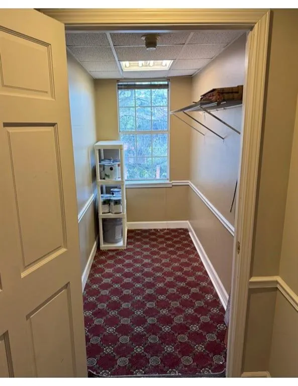 Walk in closet featuring dark flooring and a paneled ceiling