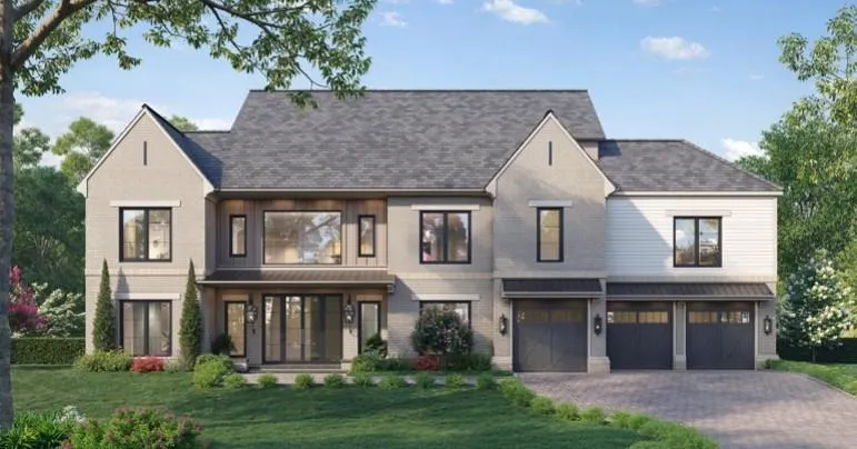 Contemporary stone and siding exterior with a dark shingle roof, black-framed windows, and a three-car garage