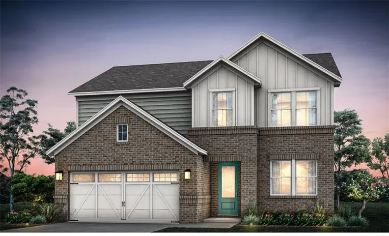 Brick and siding exterior with a dark shingle roof