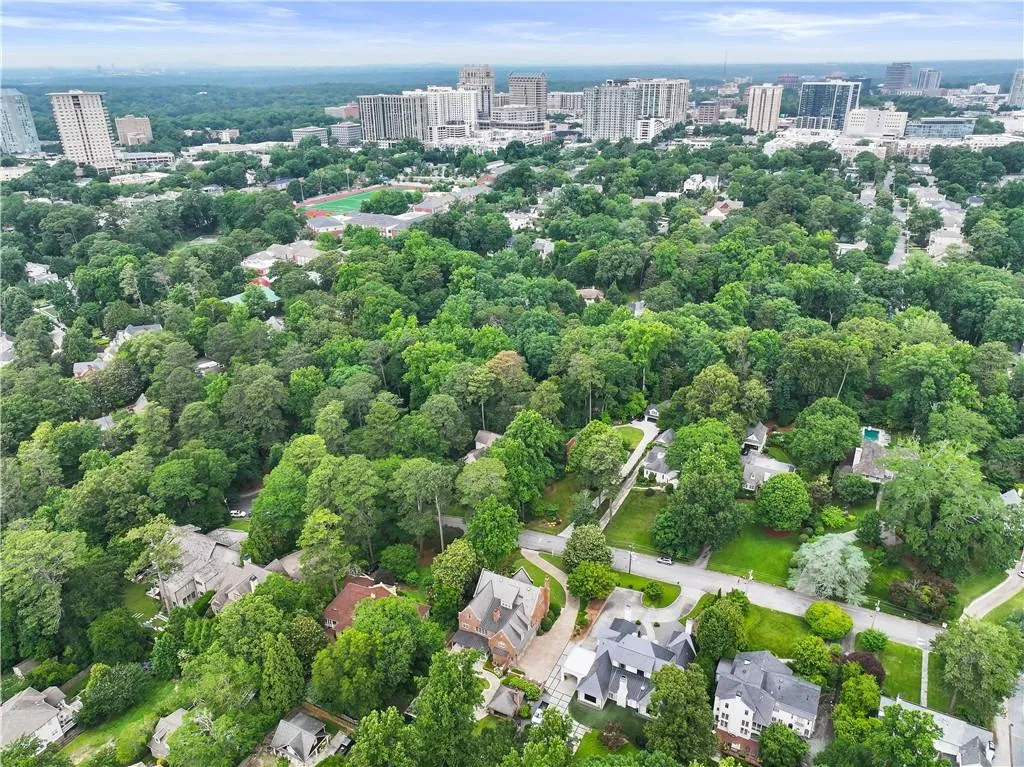 Expansive residential area featuring mature tree canopy, diverse architectural styles, and distant urban skyline elements