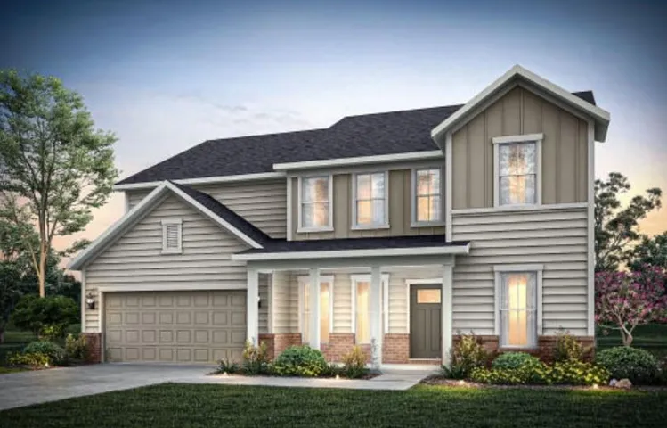 Two-story residence featuring a covered front entry with columns, mixed siding and stone veneer exterior, a two-car garage, and mature landscaping