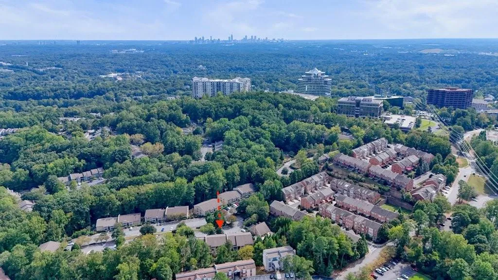 Aerial perspective featuring mature tree-lined surroundings and a distant skyline backdrop