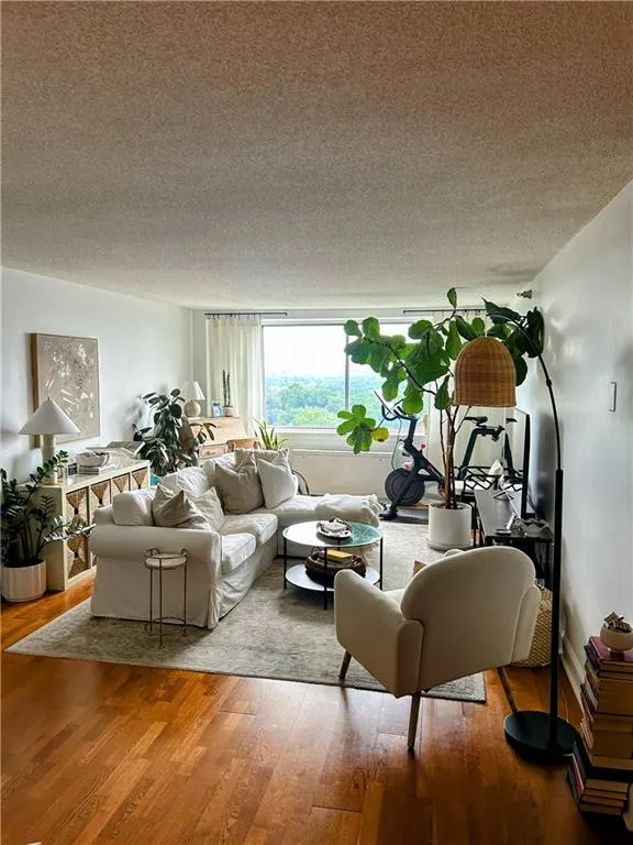 Living area featuring a textured ceiling and wood finished floors