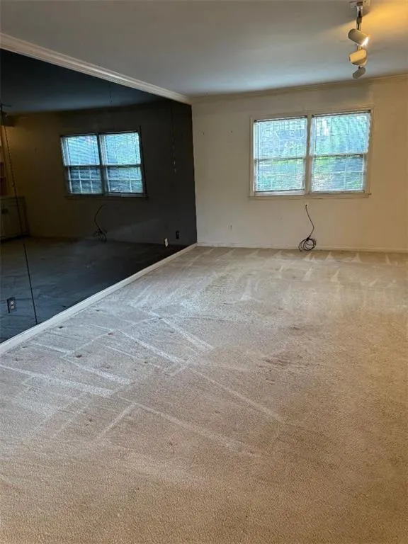 Carpeted empty room featuring plenty of natural light and crown molding