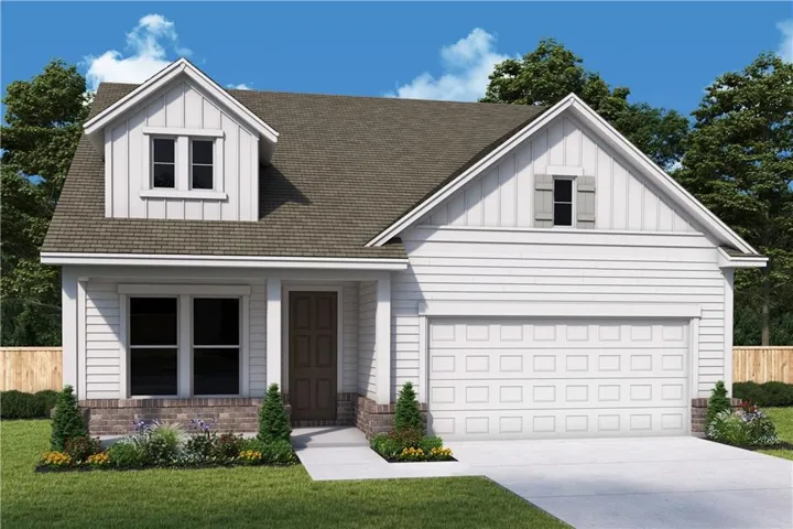 White siding exterior with a contrasting dark roof, featuring a dormer window and an attached garage