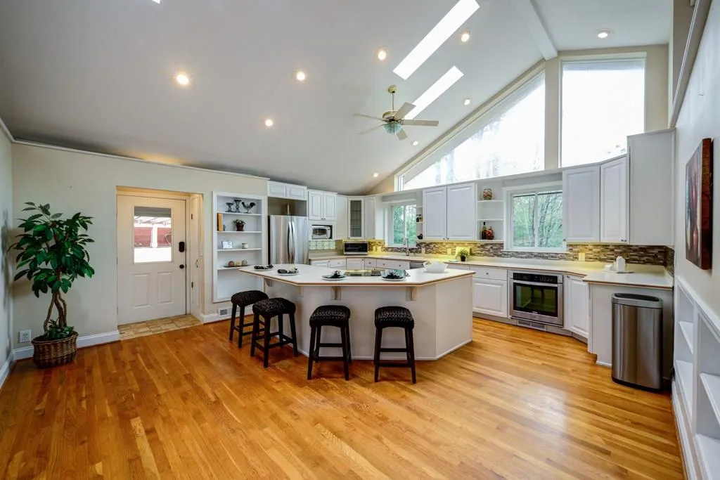 Breakfast bar and white cabinetry