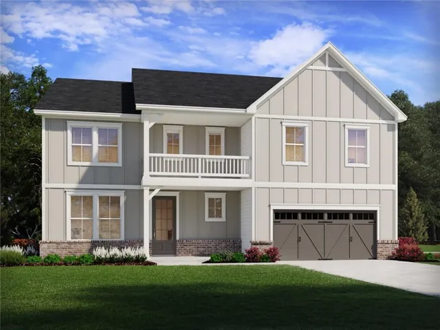 Modern farmhouse exterior showcasing vertical board-and-batten siding, a two-story design with peaked roofline, and a covered front porch with decorative railings