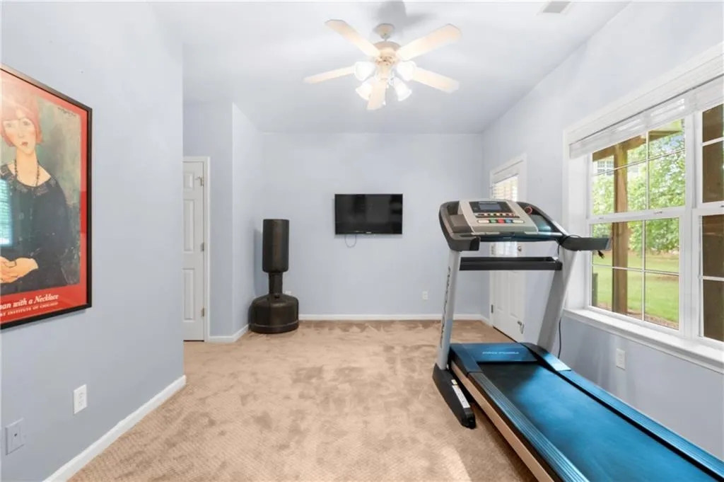 Terrace level 3rd bedroom or flex area with ensuite bath, currently used as a workout room, features plenty of natural light, and ceiling fan. It faces the private wooded back area.