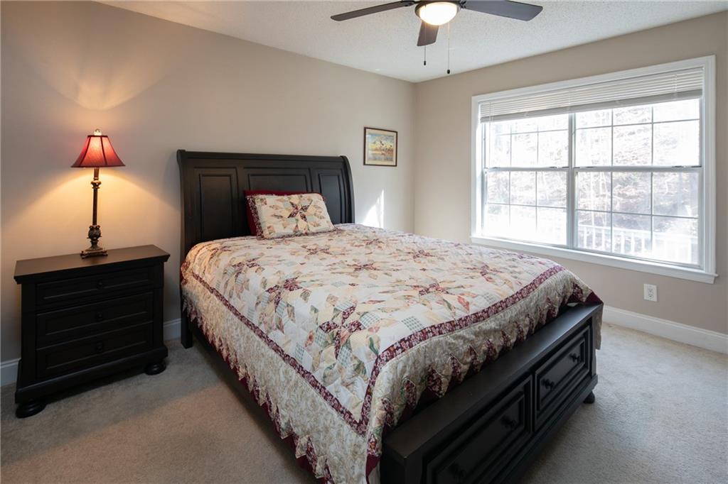 Carpeted bedroom with ceiling fan