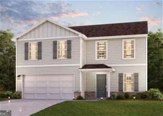 Two-story residence featuring light-toned siding and dark shutters