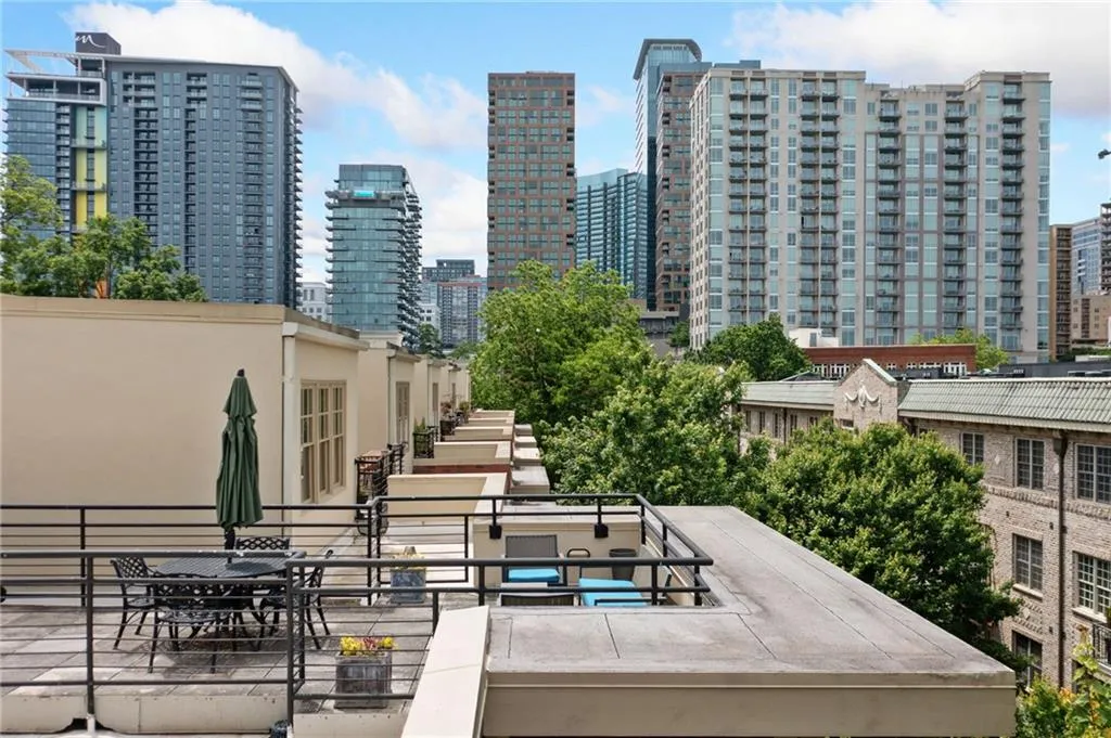 View of patio with a skyline view