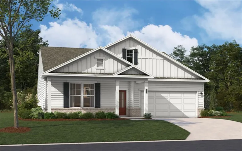 Modern farmhouse-inspired exterior with white siding and dark shutters