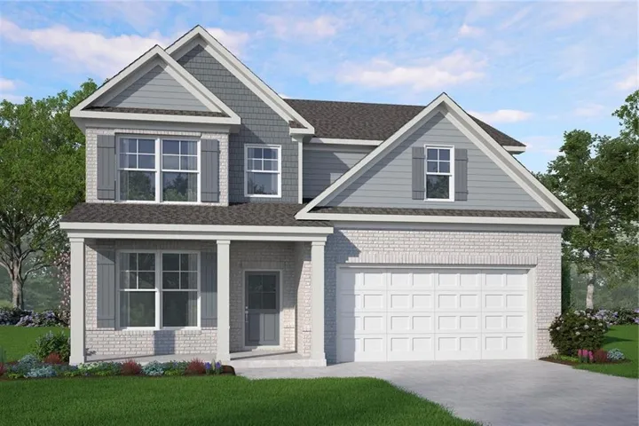 Two-story residence featuring a brick and siding exterior, front porch with columns, gabled rooflines, and an attached two-car garage
