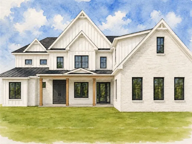 White exterior featuring a combination of board-and-batten siding and brick, multiple gables, a dark shingle roof, and black-framed windows