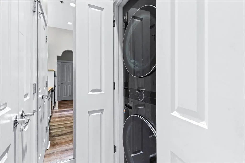 Laundry closet in kitchen with stackables