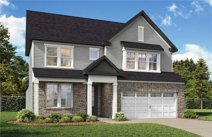 Two-story residence featuring a brick and siding facade, a prominent gabled roofline, an integrated garage, and a covered entry
