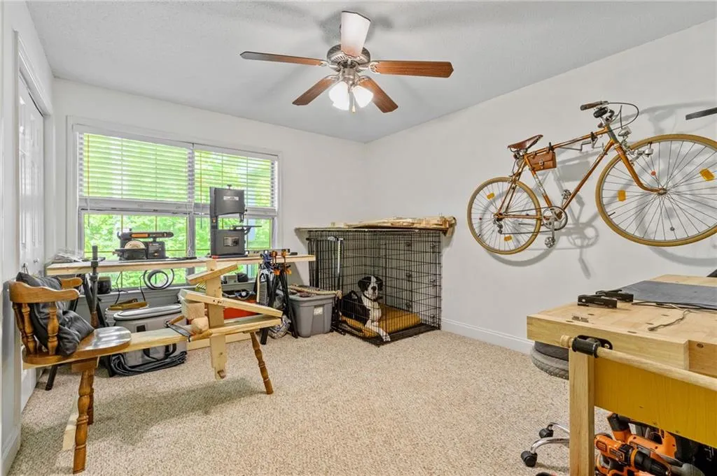 Office featuring ceiling fan and carpet flooring
