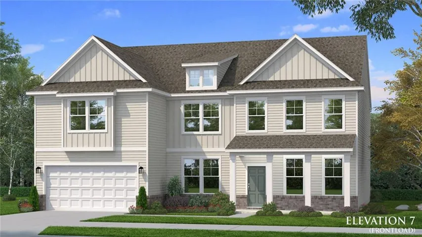 Two-story residence featuring light-colored siding, a dark roof, a two-car garage, and a front entry with columns