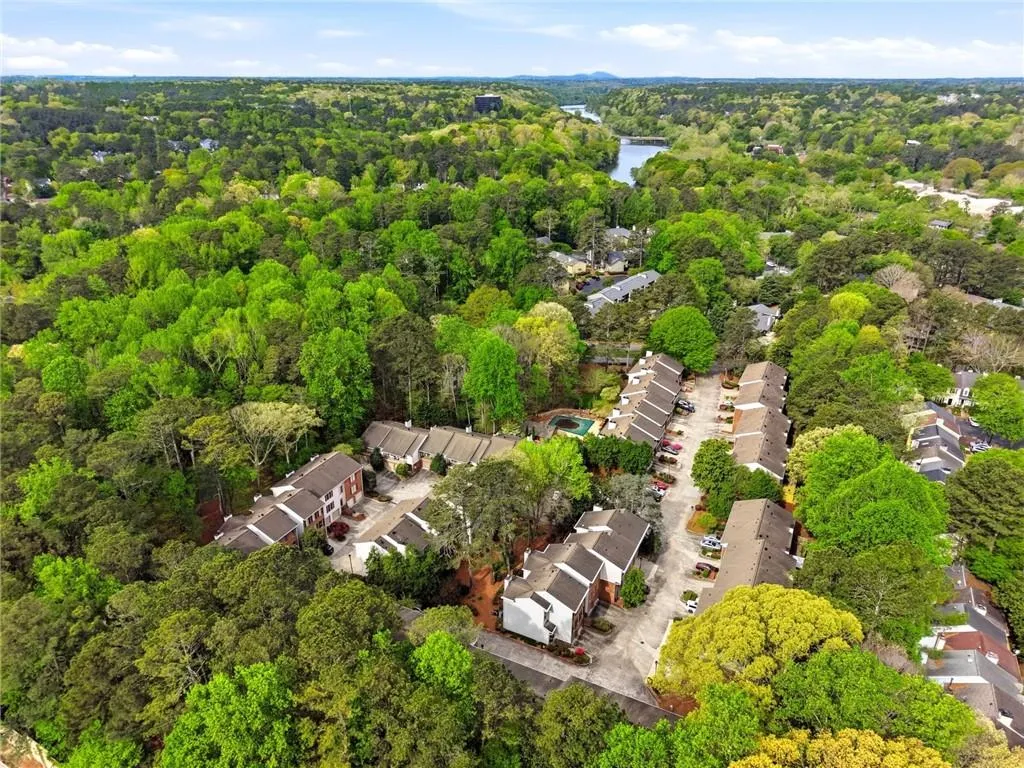Aerial view of residential area with a large body of water