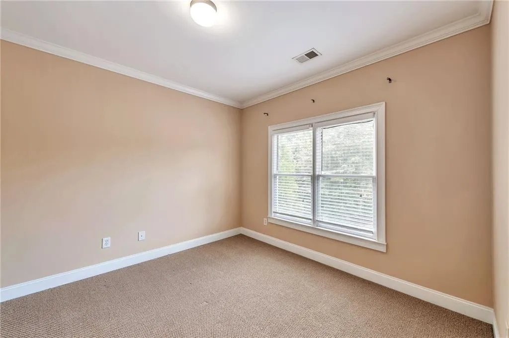 Unfurnished room with crown molding and carpet floors