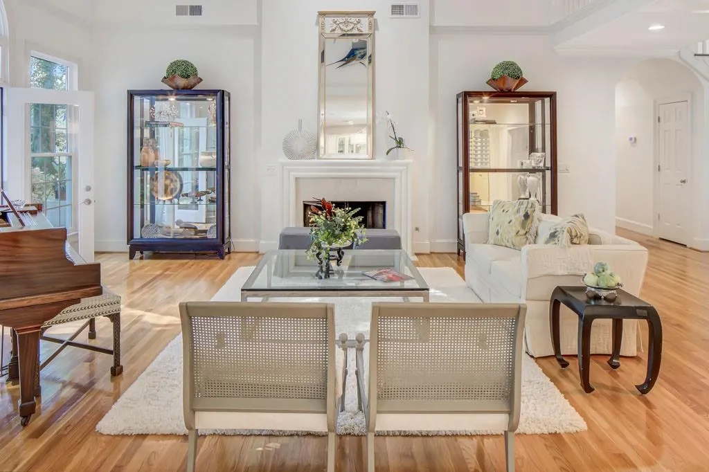 Living Room with limestone fireplace