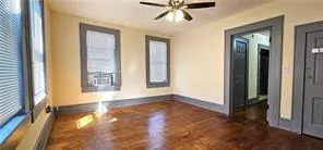 Empty room featuring plenty of natural light, a ceiling fan, and dark wood-style flooring