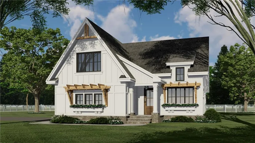 Modern farmhouse exterior featuring white board and batten siding, dark framed windows, a gabled roofline, and decorative wood pergolas above ground-level windows