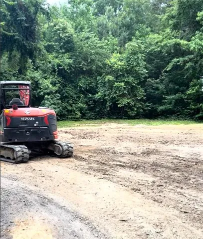Showing the cleared lot and nearby trees.