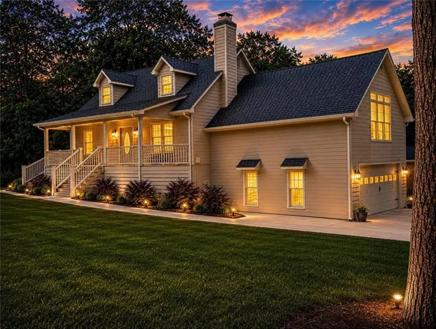 Two-story residence with dormer windows, covered front porch, and attached two-car garage