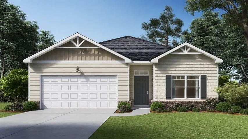Single-story residence featuring a dark gray shingle roof, light-colored siding, and a two-car garage with a panel door