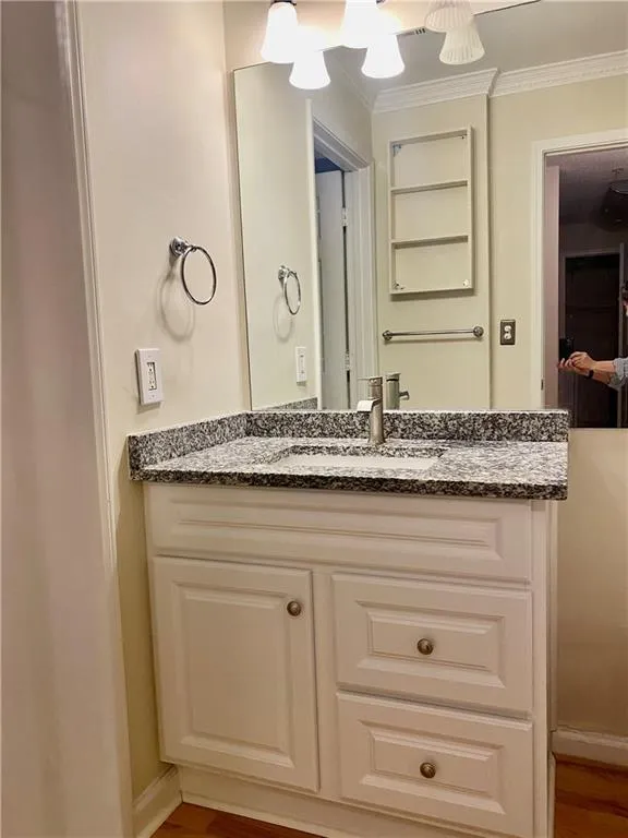 Bathroom featuring ornamental molding, vanity, and wood finished floors