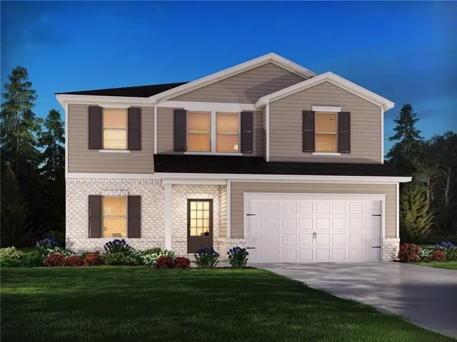 Two-story home with a light brick lower facade and horizontal siding on the upper level