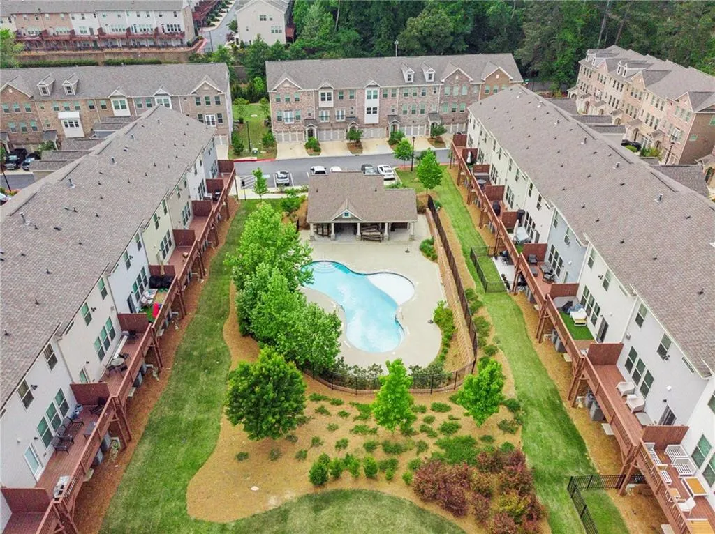 Drone / aerial view of a pool