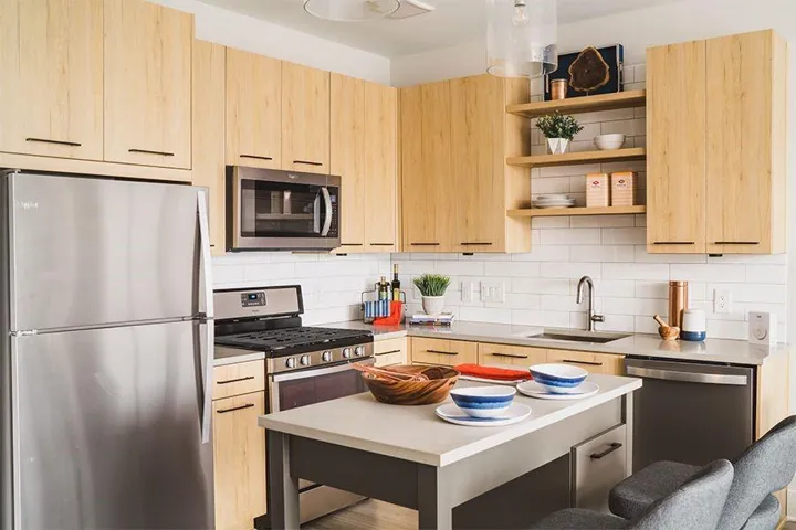Modern kitchen featuring stainless steel appliances, light wood-finish cabinetry, a white subway tile backsplash, and an integrated island