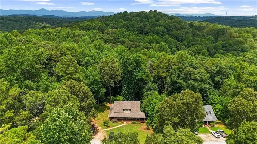 Expansive wooded property featuring a single-family home with a gabled roof and covered front porch, surrounded by mature deciduous and evergreen trees