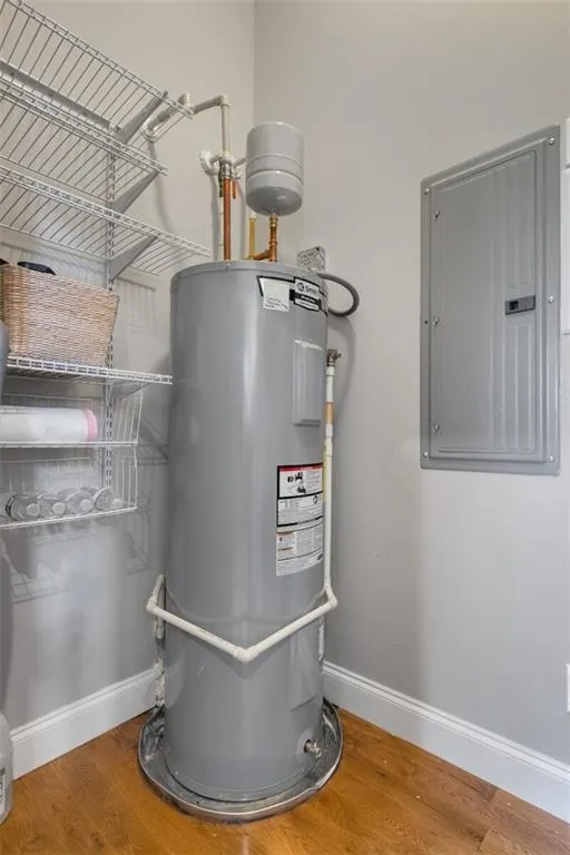 Utility room featuring electric water heater and electric panel