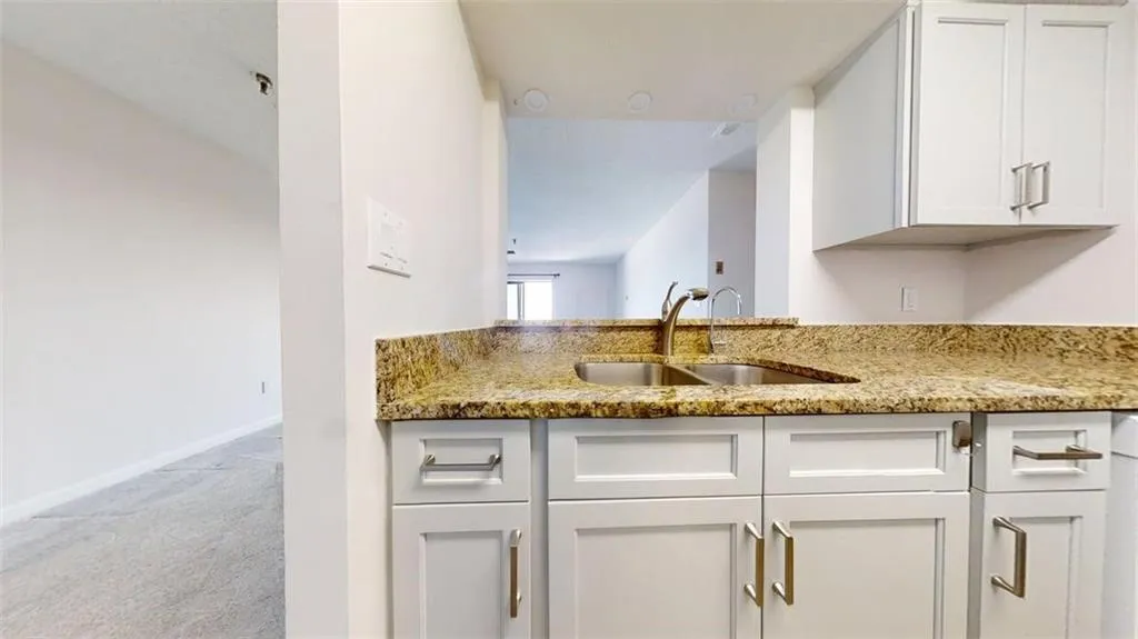 Kitchen with light stone counters, white cabinets, and light colored carpet
