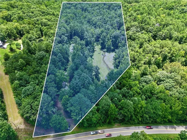 Expansive wooded parcel featuring a natural stream bed, dense tree coverage, and direct road frontage