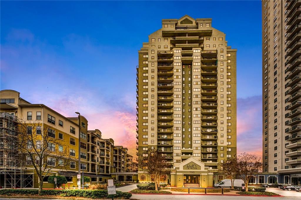 View of outdoor building at dusk