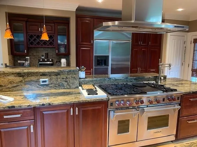 Kitchen featuring light stone countertops, tasteful backsplash, high end appliances, crown molding, and island exhaust hood