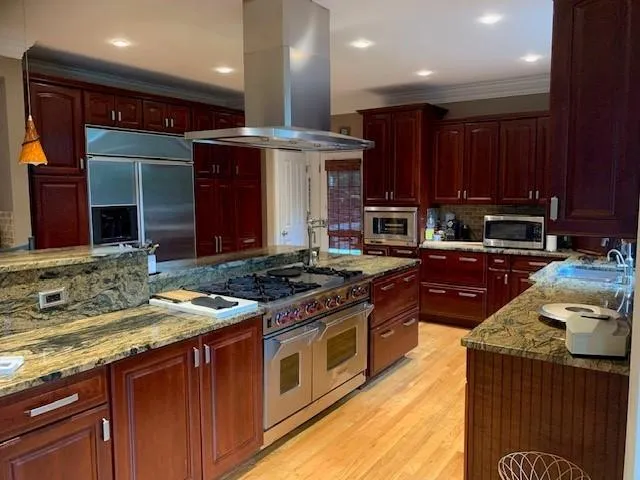 Kitchen with light hardwood / wood-style floors, island range hood, tasteful backsplash, light stone counters, and built in appliances