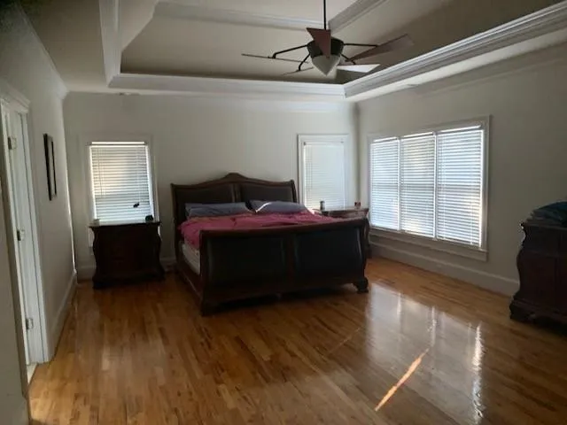 Bedroom with ceiling fan, a raised ceiling, and wood-type flooring