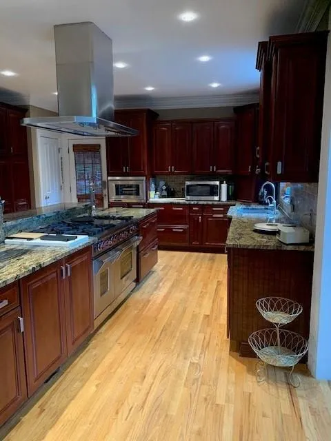 Kitchen with appliances with stainless steel finishes, island exhaust hood, light hardwood / wood-style flooring, and light stone counters