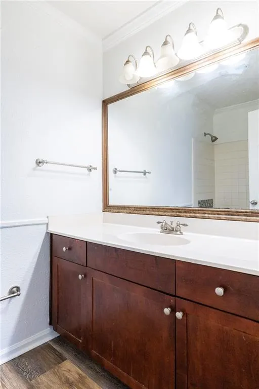 Bathroom featuring baseboards, wood finished floors, vanity, and ornamental molding
