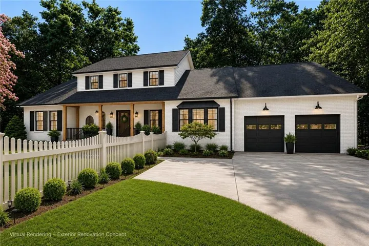White brick and siding exterior with black shutters, a covered front porch, and a white picket fence