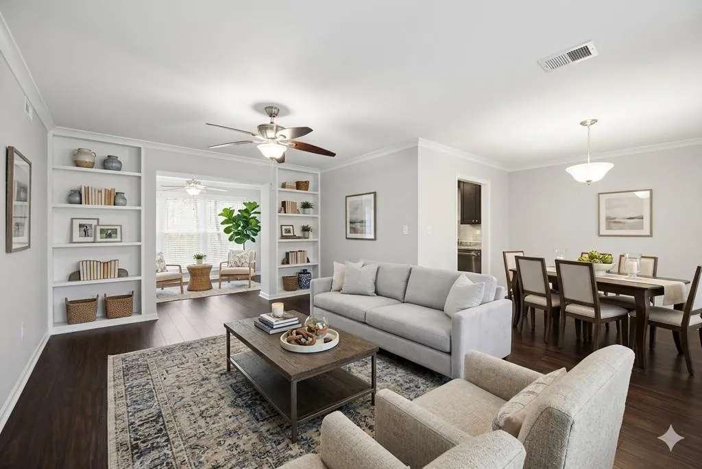 Family room with built-in bookshelves